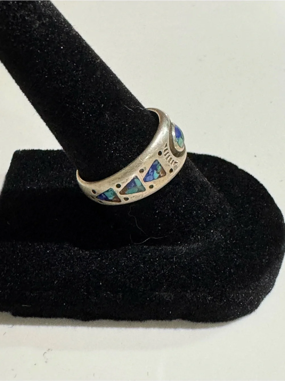 Vintage Native American Sterling Silver Turquoise, Coral & Lapis Ring